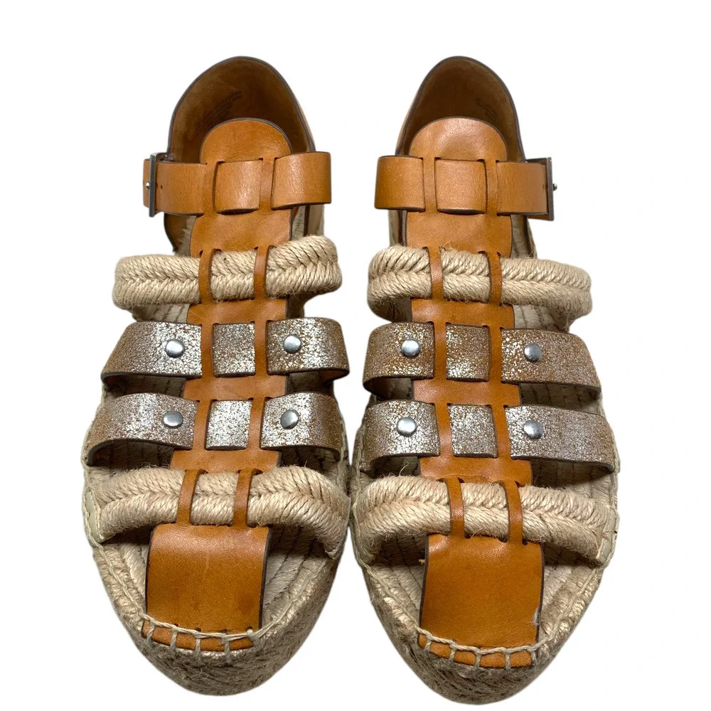 Tory Burch Sz 11 Fisherman Platform Espadrilles Silver/Brandy Leather Nautical
